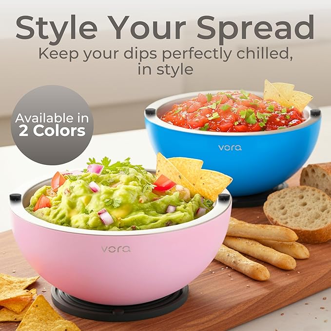 Vora 35oz Dip Chiller Bowl with Lid | 2 Pack Pink Stainless Steel Chilled Serving Bowl Keep Dips, Salads, and Appetizers Perfectly Cold with Leak-Resistant Ice Bowl for Effortless Hosting
