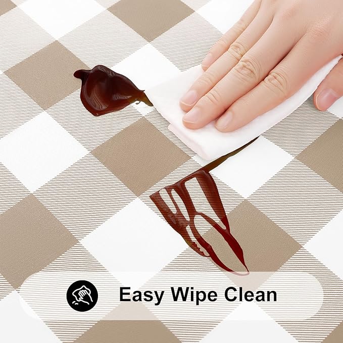 Smiry Rectangle Picnic Table Cloth, Elastic Waterproof Fitted Vinyl Tablecloths, Flannel Backed Buffalo Plaid Table Covers for Dining, Camping, Outdoor (White and Khaki, 30" x 96")