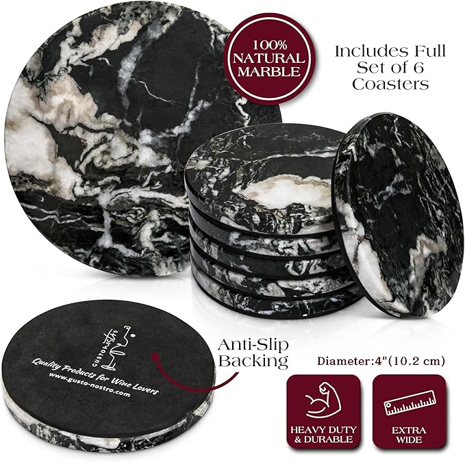 Gusto Nostro Black Marble Coasters Set of 6 with Non-Slip Backing - Luxury Natural Stone Coasters for Drinks - Genuine Marble Kitchen Accessories, Round Stone Coaster for Kitchen Counter, Coffee Table