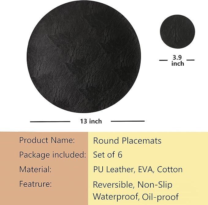 Set of 6 Embossed PU Leather Placemats, Waterproof Coffee Coasters, Kitchen Table Mats, Easy to Wipe Off for Dining Round Table