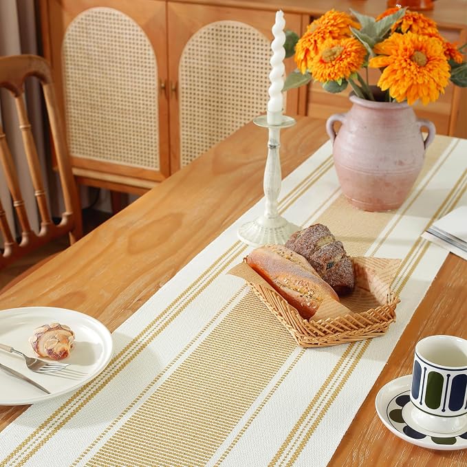 Gold Table Runner with Tassels, 90 Inches Long Farmhouse Macrame Cotton Linen - Image 4