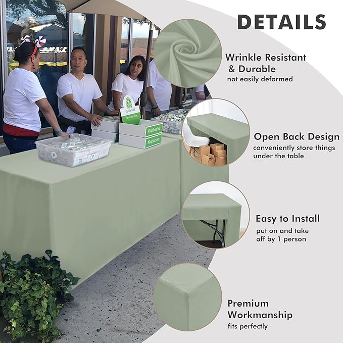 Nasitos 2 Pack Fitted Tablecloth for 4 Foot Tables-Sage Green Open Back Folding Table Cover Washable and Wrinkle Resistant Table Cloth for Weddings, Trade Show, Career Fair, Convention, Events