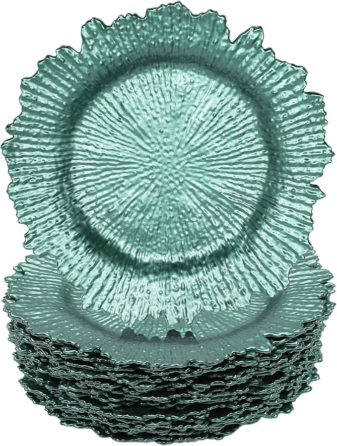 LOYALHEARTDY 24 Pack 13 Inch Green Charger Plates, Plastic Reef Textured Rim Round Decorative Underplates for Wedding, Party, Dinner Table