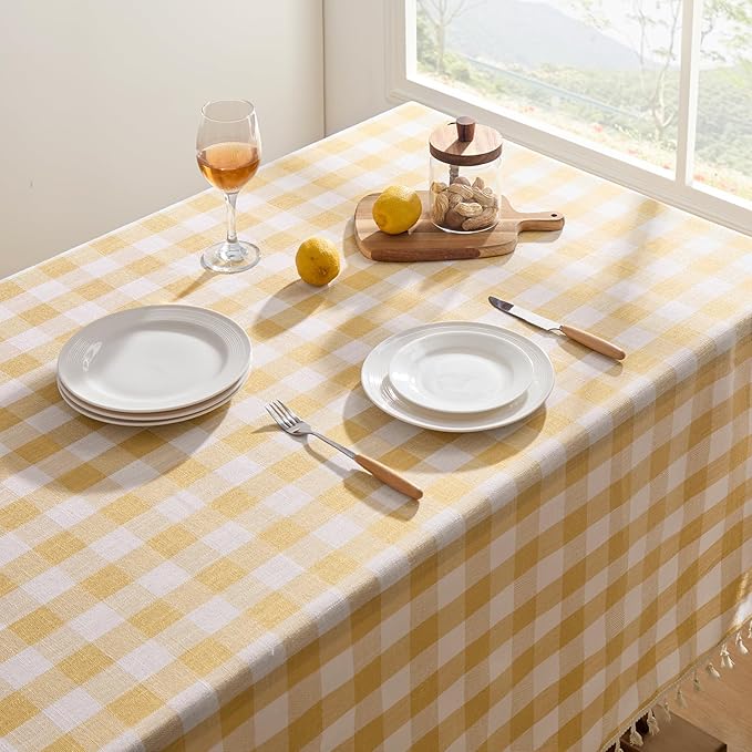 Softalker Checkered Tablecloth Rectangle, Outdoor Linen Cotton Gingham Table Cloth with Tassel, Heavy Duty Wrinkle Free Buffalo Plaid Table Cover for Kitchen Dining Home Party - 55 x 84 Inch, Yellow
