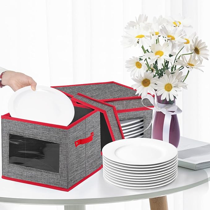 VERONLY Christmas China Storage Containers-Dish Plate Storage Containers Hard Shell and Stackable,Dinnerware Storage with 24 Felt Dividers, Hold 24 Plates,2 PACK (12" W x 8" H)
