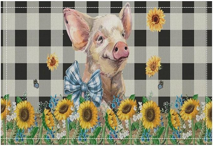 Rustic Pig Placemat Set, Vintage Farmhouse Cute Animal Sunflower Floral Black White Plaid Blue Bowknot Pattern Home Decor Table Mats for Dining Room Kitchen Party (17x12in) x4P