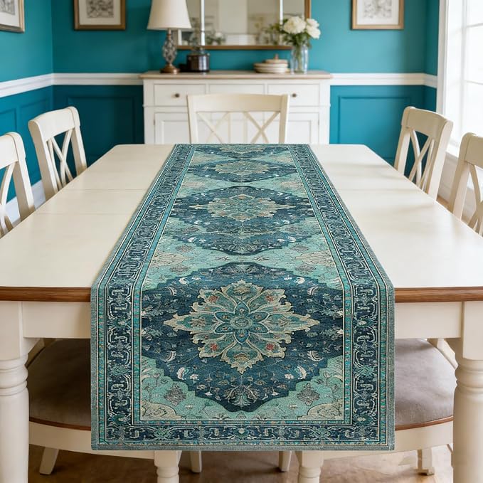 OYIMUA Boho Floral Pattern Summer Table Runner 90 Inches Long Teal and Blue - Image 2
