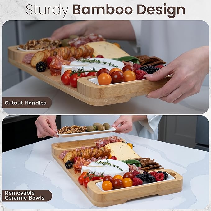 Bambüsi Personalized Charcuterie Board Gift Set - Cheese Board & Serving Tray - Large Bamboo Charcuterie Boards - Unique Elegant Housewarming Gifts New Home, Wedding Gifts, Natural