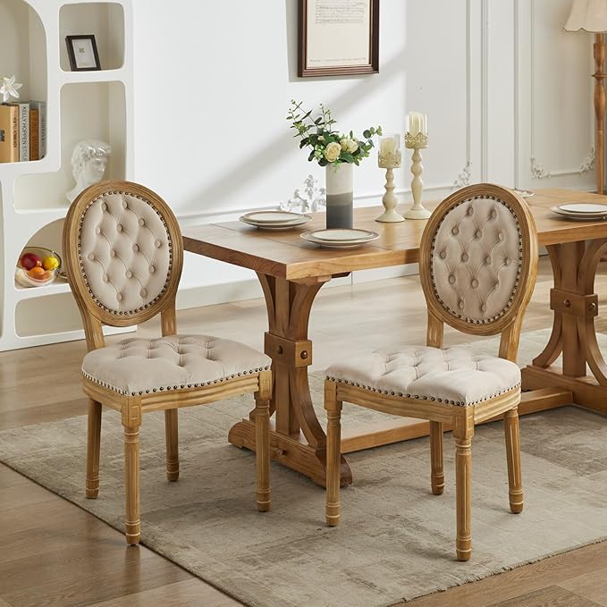 Ball & Cast French Vintage Upholstered Dining Chairs Set of 2, Button Tufted Kitchen Side-Chairs with Carved Antique Wood Frame & Nailhead Trims, 2-Piece Curved Backrest Louis Chair, Velvet Beige