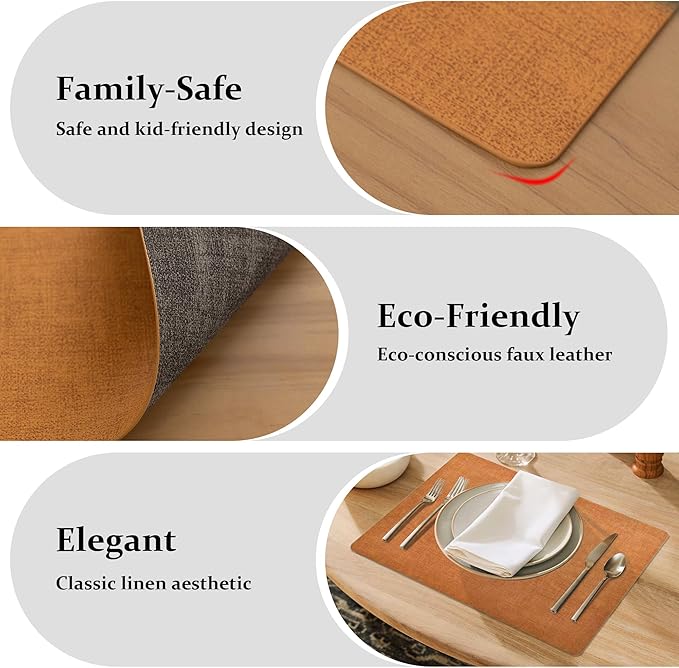 FROMHEART Faux Leather Placemats Set of 6–Waterproof,Heat/Oil Stain-Resistant PU Table Mat–Reversible,Non-Slip,Easy to Clean Place Mats for Kitchen,Dining,Indoor/Outdoor,(Orange-Grey,11.8" x 17")