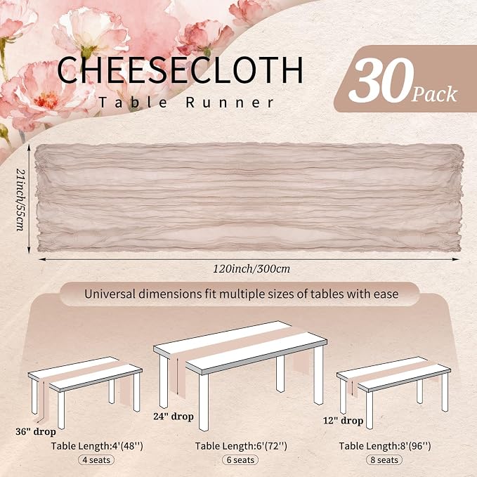 30 Pack Cheesecloth Table Runner 10FT Rosy Brown Table Runner Boho Gauze Cheese - Image 2