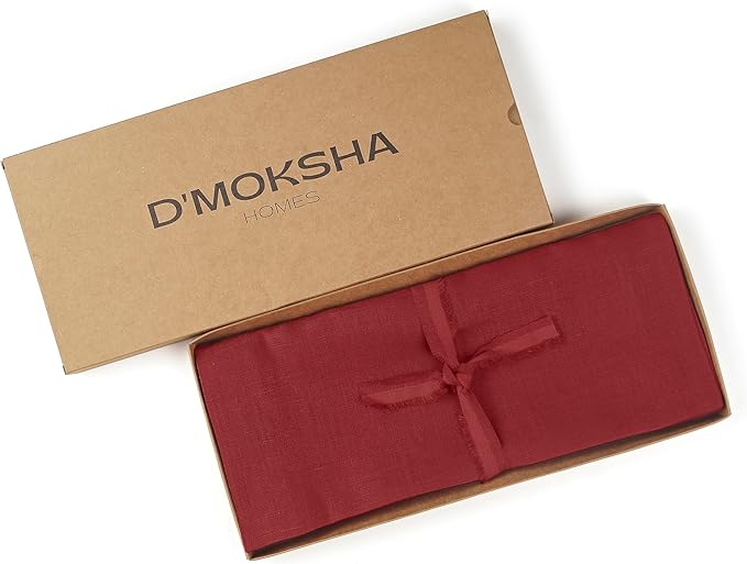 D'Moksha Homes Linen Red Table Runner 132 Inches Long - 100% Pure Linen Extra Long Table Runner 14 x 132 Inch for Valentines, Spring - Machine Washable