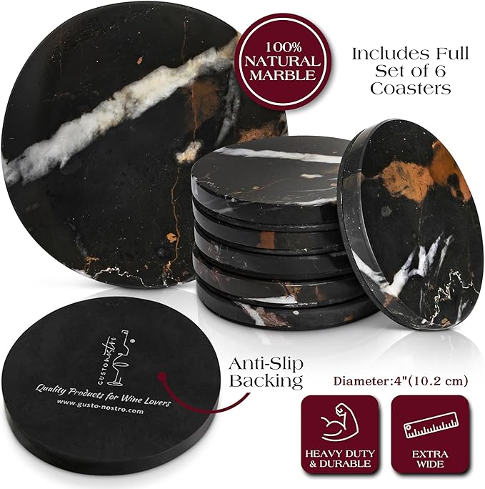Gusto Nostro Black Marble Coasters Set of 6 with Non-Slip Backing - Luxury Natural Stone Coasters for Drinks - Genuine Marble Kitchen Accessories, Round Stone Coaster for Kitchen Counter, Coffee Table