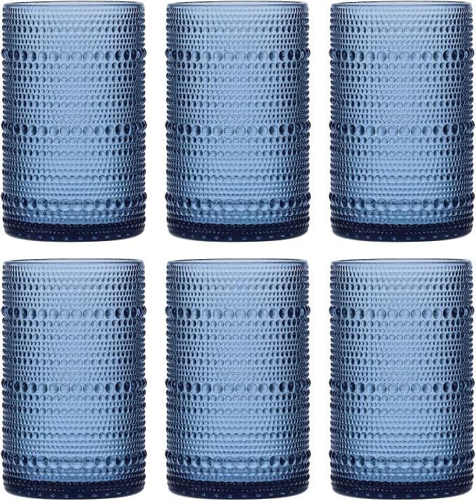 Moretoes 15oz Blue Vintage Hobnail Drinking Glasses Set of 6 | Highball Glass by Moretoes