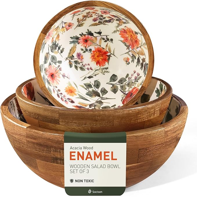 Greenual Salad Bowls Wooden Salad Bowl Set Large Bowls for Serving, Handmade with Serving Utensils Beige