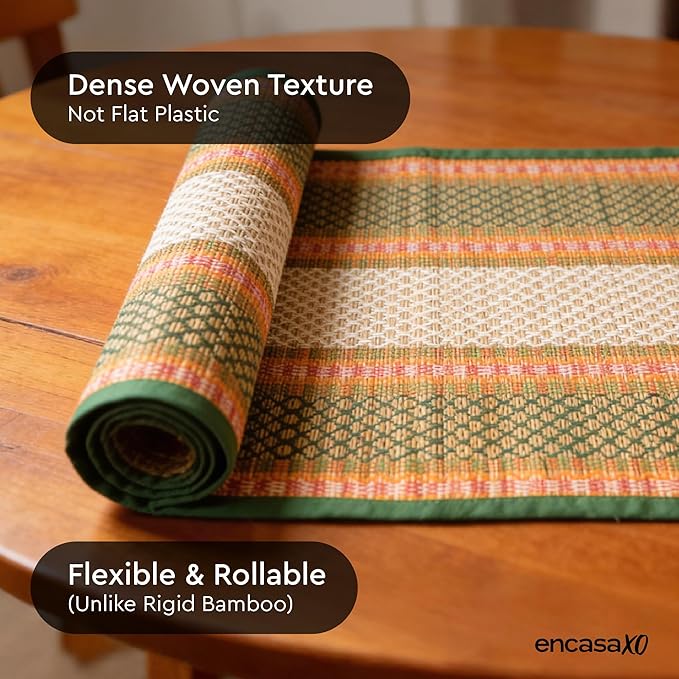 Encasa XO Woven Green Placemats Set of 4 – 12" x 17" | Handwoven Madurkathi Grass Table mats for Dining Table, Kitchen & Outdoor Decor | Durable & Heat‑Resistant