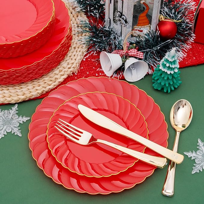 U-QE 100PCS Red Plastic Plates - Heavy Duty Red Plates Disposable for Party with Gold Rim - Include 50PCS 9inch Dinner Plates and 50PCS 6inch Dessert/Salad Plates for Party