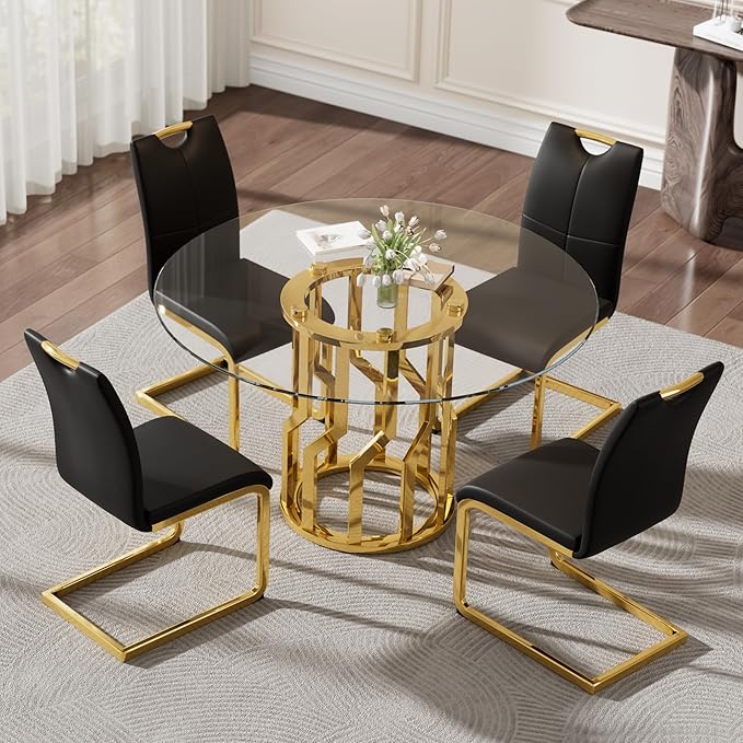 47.2" Round Glass Dining Table Set for 4, Modern 5 Piece Kitchen Table Set with Gold Stainless Steel Base & 4 PU Leather Accent Chairs, Saving Space, Dining Set for Apartment, Home - Black Chair