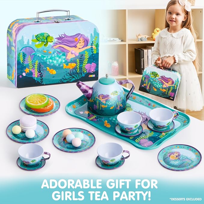JOYIN Mermaid Tea Party Set for Little Girls, Pretend Tin Teapot Set, Princess - Image 5