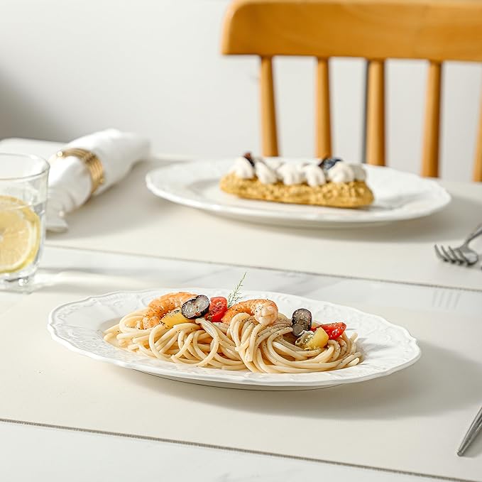 Neaylfe Ceramic Dinner Plates Set of 6, 10 inch Oval Embossed White Plates for Salad, Dessert, Appetizer, Steak, Large Flat Serving Plates for Kitchen, Restaurant, Parties