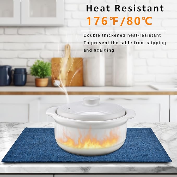 SLKQG Navy Linen Fabric Placemats Set of 4, Heat Resistant & Machine Washable Double-Layered Cloth Placemats for Dining Table, Indoor/Outdoor Use, Non-Slip Kitchen Table Mats (4, Navy)