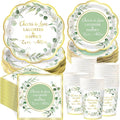 Funnymoom 250 Pcs Cheers to Love Sage Green Gold Eucalyptus Party Plates | by Funnymoom