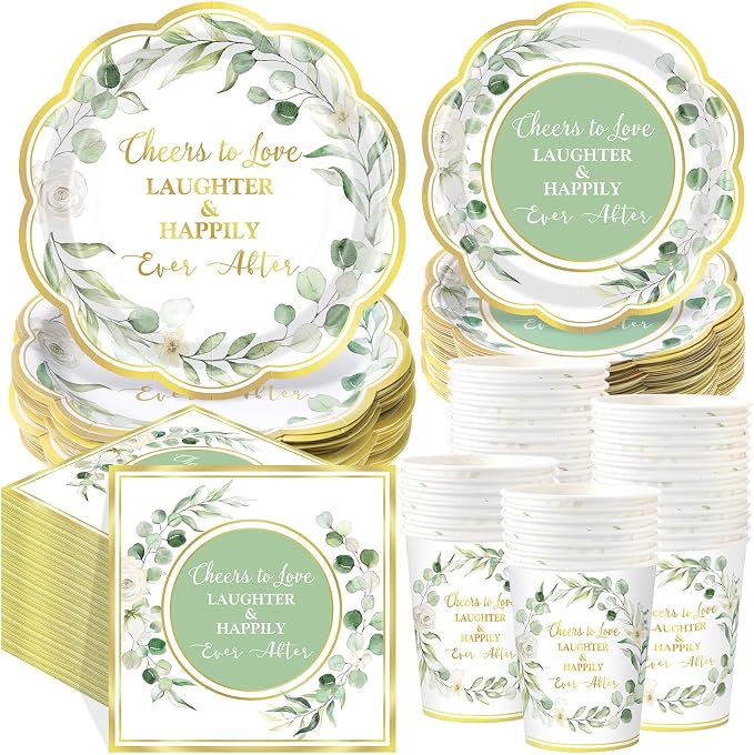Funnymoom 250 Pcs Cheers to Love Sage Green Gold Eucalyptus Party Plates | by Funnymoom