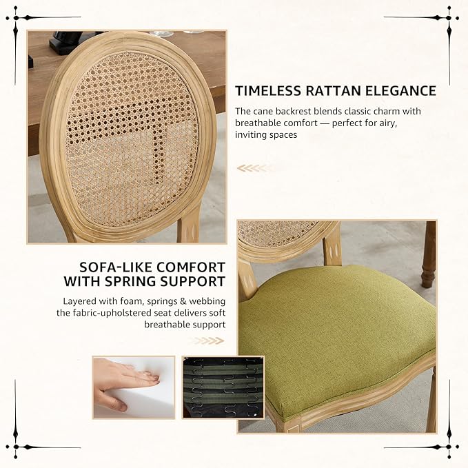 Vintage French Rattan Dining Chairs Set of 4, Round Back Accent Chairs with Rattan Backrest and Upholstered Linen Seat, Solid Frame Wood Sillas de Comedor for Dining Room & Kitchen, Olive Green
