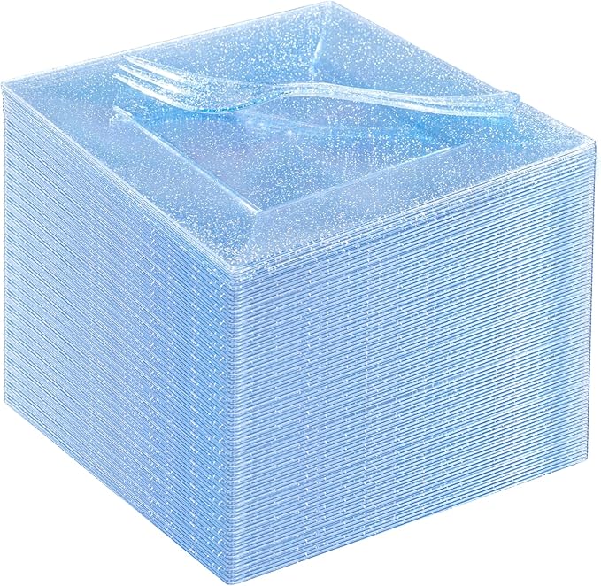 DaYammi 100Pcs Blue Glitter Dessert Plates Including 50Pcs Appetizer Plates 6" and 50Pcs Plastic Forks 5.7",Blue Plastic Square Plate for Party,plastic Salad Plate and Cake Forks for Wedding Birthday