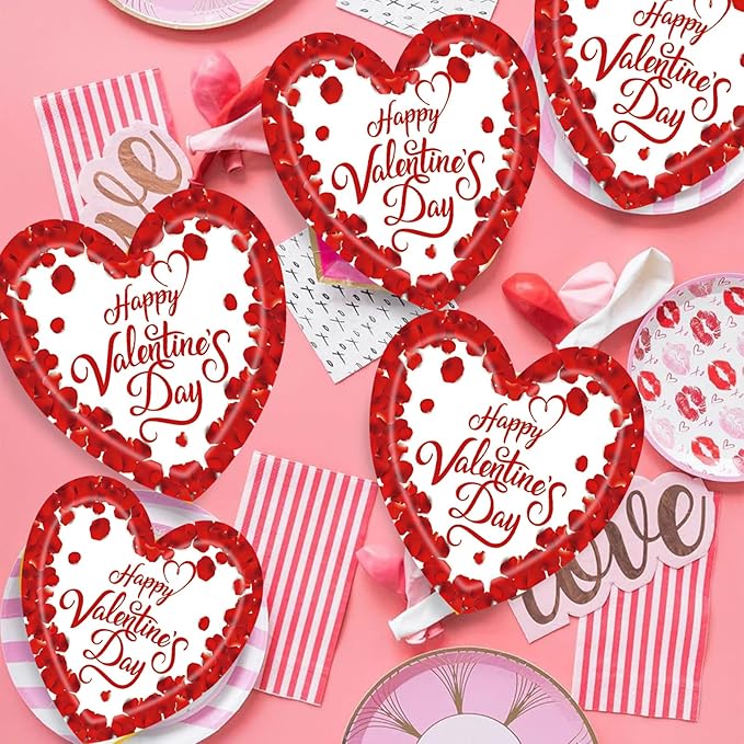 20 Pieces Happy Valentine's Day Paper Plates, 7" Disposable Rose Love Heart Paper Plates Dessert Dinner Plate, Weddings Anniversary Valentine's Day Party Supplies