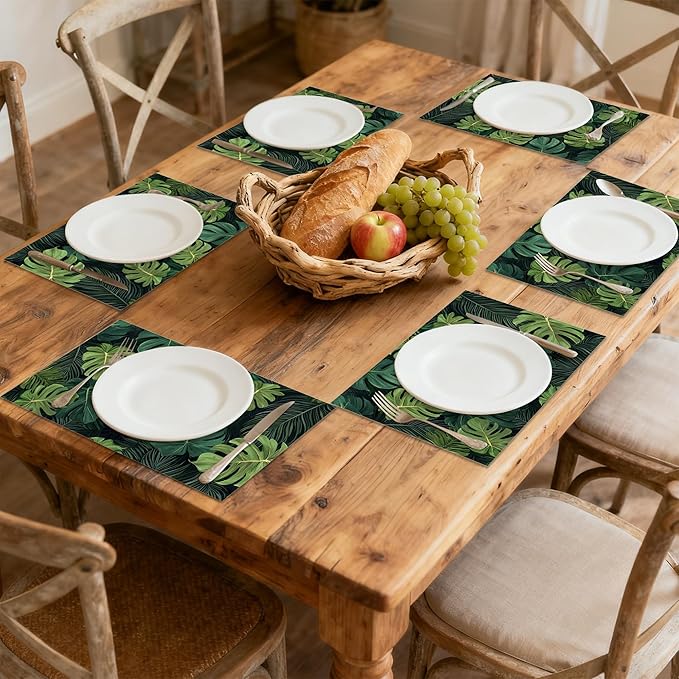 Tropical Leaves Placemats Set of 6, Linen Washable for Christmas, Thanksgiving, Party, and Daily Dining, Decorative Table Mats for 4-6 Person Table