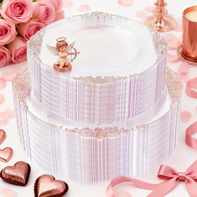 102PCS Rose Gold Plastic Plates - Clear Rose Gold Plate - Heavy Duty Disposable Plates - Fancy Disposable Dinner & Dessert Plate for 51 Guests for Party & Wedding & Valentines