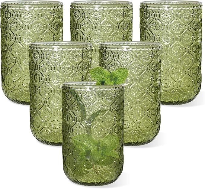 Green Vintage Drinking Glasses Set of 6, 14 oz hobnail drinking glasses by Unknown