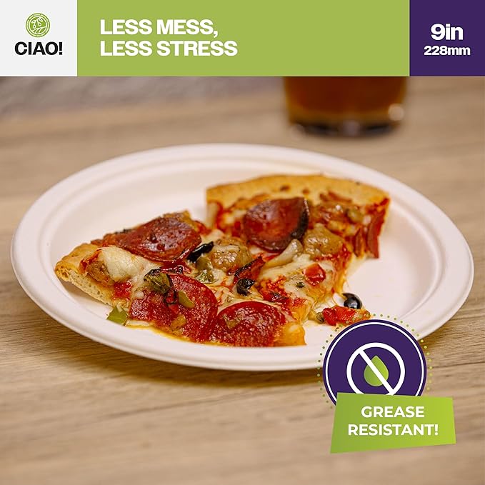 CIAO! 9" Heavy Duty Plate 100% Compostable PFAS Free Unbleached Bagasse Natural White (Pack of 500)