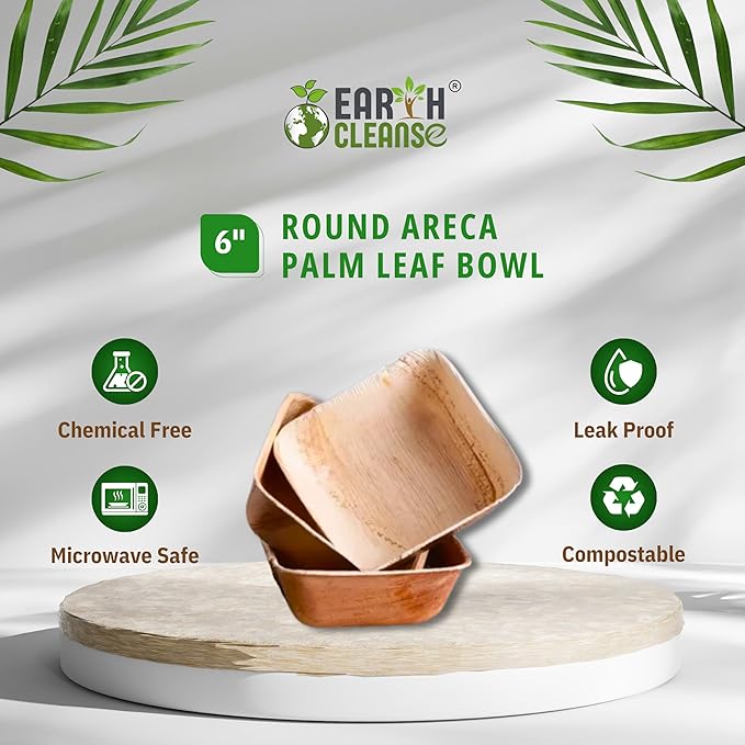 6 Inch Square Compostable Biryani Palm Leaf Extra Deep Bowls | Pack of 25 | Eco Friendly Disposable Areca Leaf Bowls | Biodegradable Heavy Duty for Rice Curry Parties Catering Events