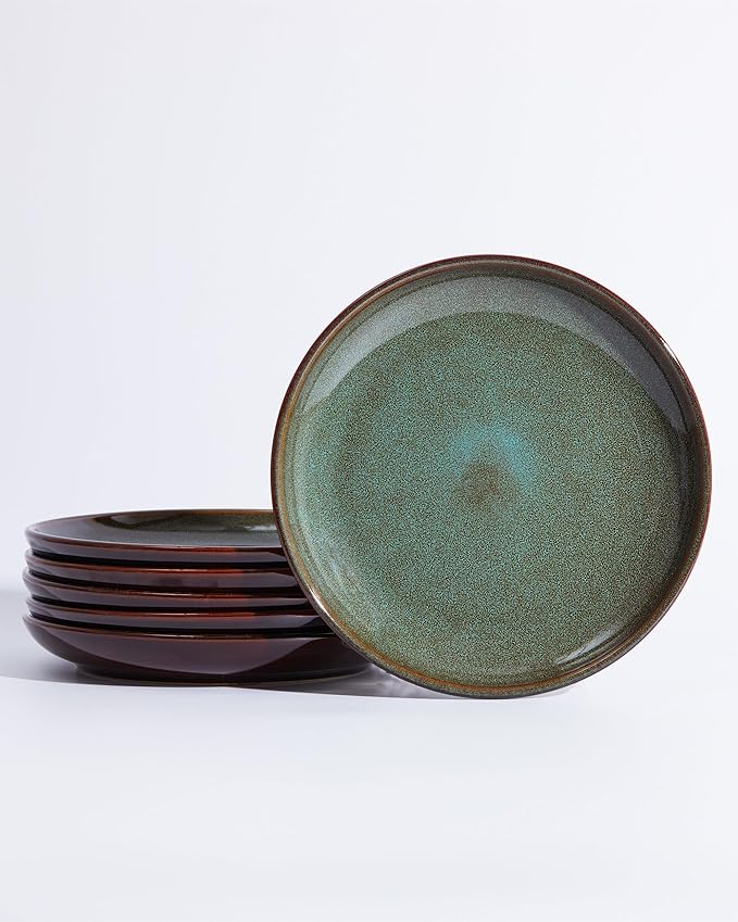 Ceramic Salad Plates Set of 6, 8.0 Inch Reactive Glaze Dish Set, Small Dinner Plate for Dessert, Salad, Appetizer, Microwave & Dishwasher Safe, Scratch Resistant-Brown and Green