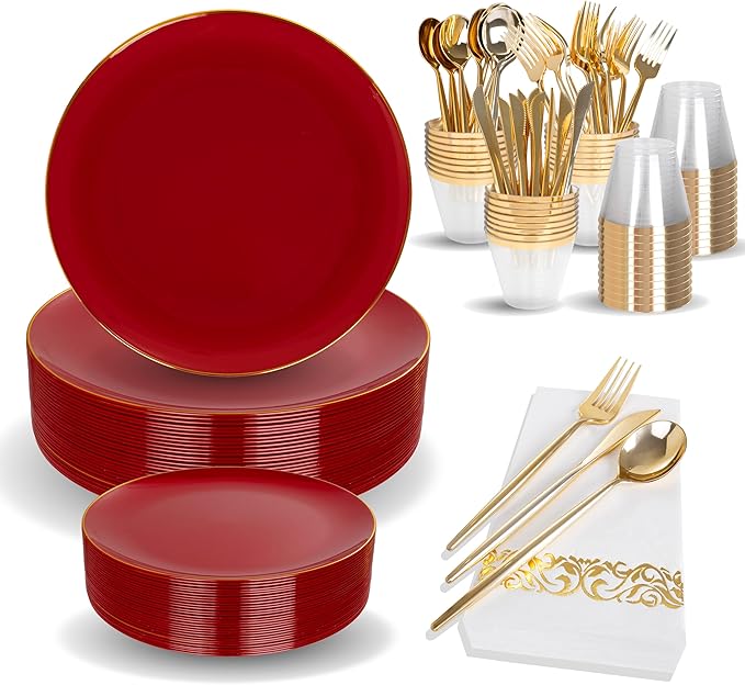 MirthMood 210pcs Red Plastic Plates,Disposable Red Gold Party Plates,Include 30 Dinner,Dessert Plate,30 Cup&30 Napkins, 90 Gold Silverware for Wedding & Party & Birthday（Plum Red）