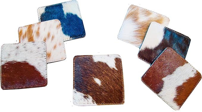 NGF Cowhide Coaster Set of 6 pcs Natural Cowhide Drink Coasters Hair On Square - Image 3