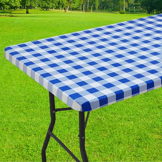 Smiry Rectangle Picnic Table Cloth, Elastic Waterproof Fitted Vinyl Tablecloths, Flannel Backed Buffalo Plaid Table Covers for Dining, Camping, Outdoor (White and Blue, 36" x 60")