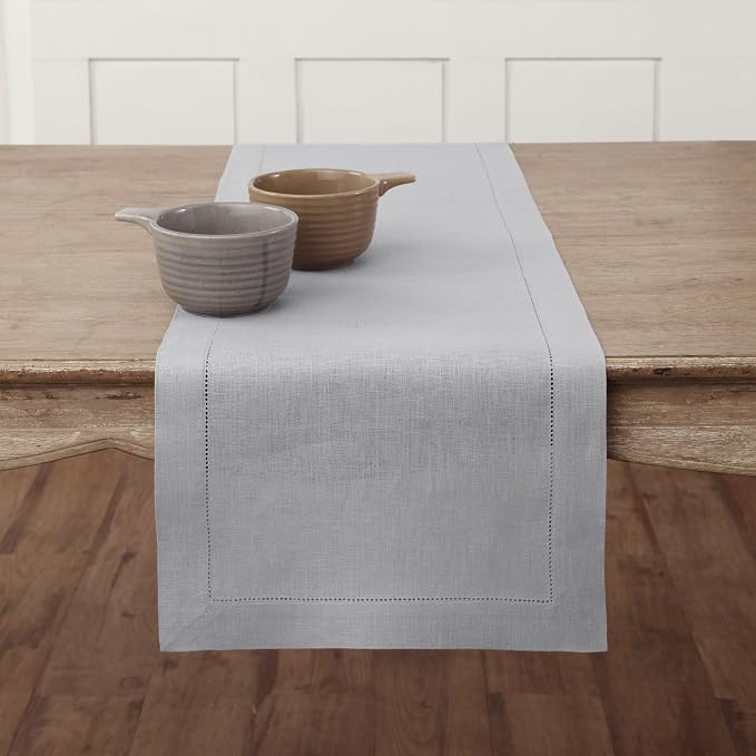 Solino Home 100% Pure Linen Dining Table Runner Grey Hemstitch, 14 x 120 in | by SolinoHome