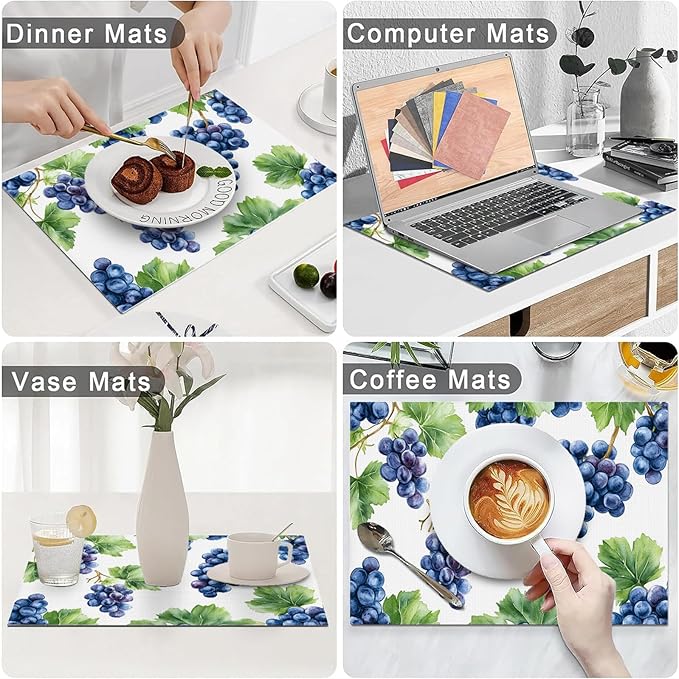 Grape Placemats Set of 4, Blue Grapes Place Mats, Fruit Waterproof Washable Table Mats for Home Party Indoor Kitchen Dining Table Decoration 12x18 Inch