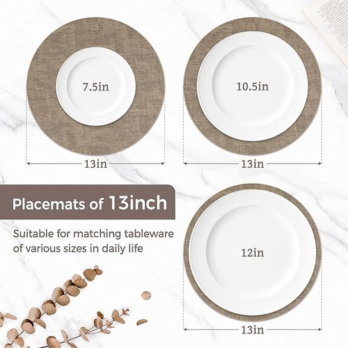 13" Round Placemats Set of 12, Reversible Faux Leather Heat Resistant Table Mats, 100% Waterproof Oilproof Wipeable Table Protective Placemats for Vinyl, Washable for Indoor (12, Light Coffee)