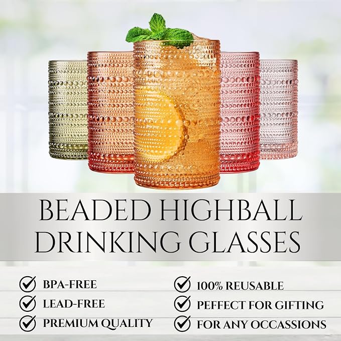 Khen Hobnail Beaded Highball Drinking Tumbler Glasses | Set of 5 | Color - Image 3
