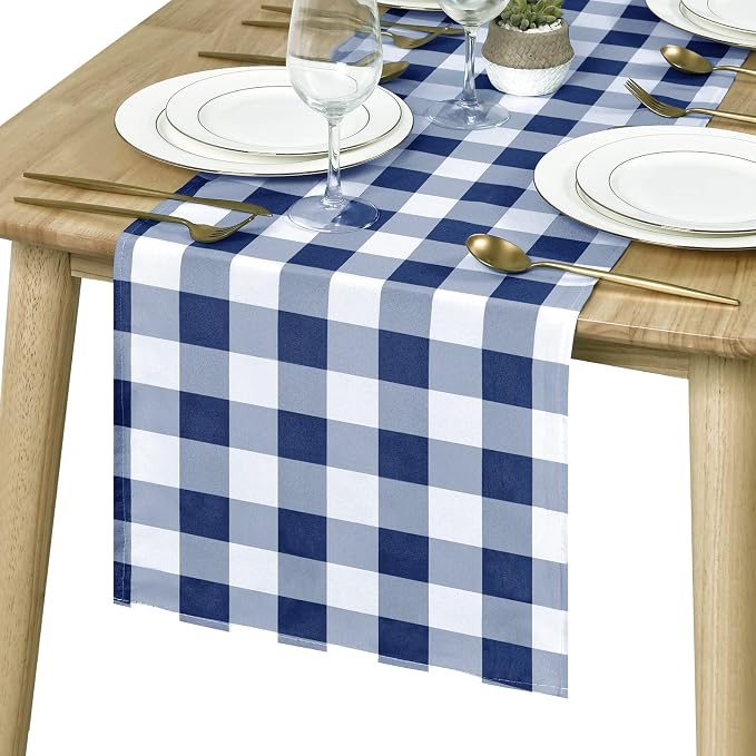 Buffalo Plaid Table Runner Navy Blue and White 14W x 72L, 1 Piece | Waterproof by Hiasan