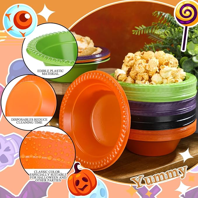Layhit 100 Pcs Halloween Christmas Disposable Plastic Bowls 12 oz Soup Dessert Salad Bowl Candy Snack Plate Serving Supplies for Holiday Thanksgiving Fall Wedding Party Picnic