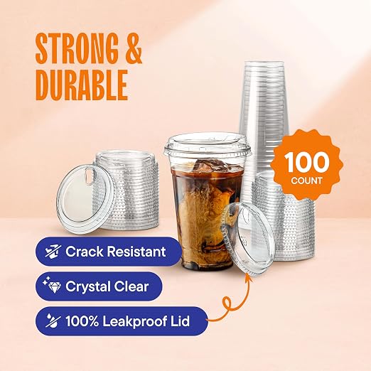 Clear Plastic Cups with Strawless Sip Lids - 20 oz PET Cups | Disposable Iced - Image 2