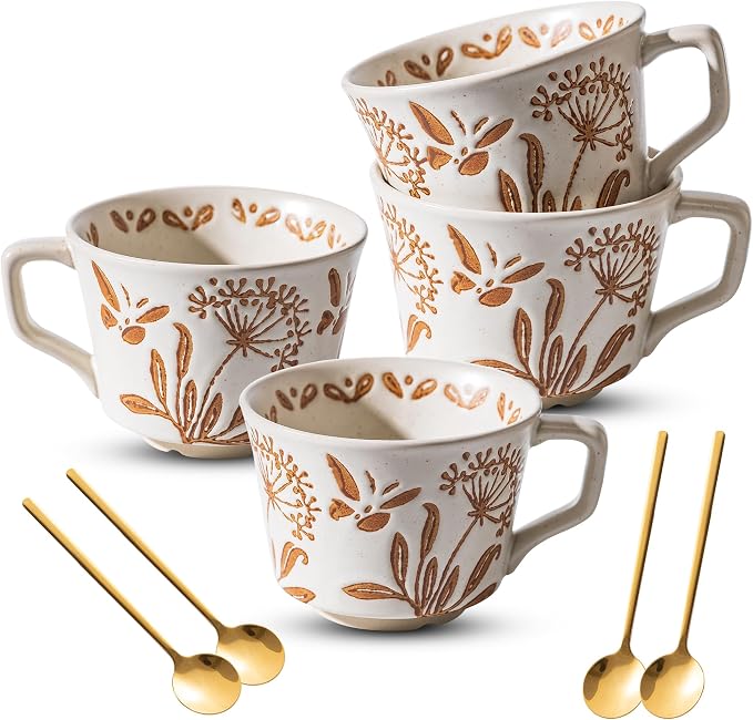 Ceramic Mugs 11 oz Unique Luxurious Cups Set of 4 by Noevany