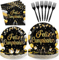 96 Pcs Feliz Cumpleaños Black and Gold Decorations, Serves 24 | Feliz by Greencian