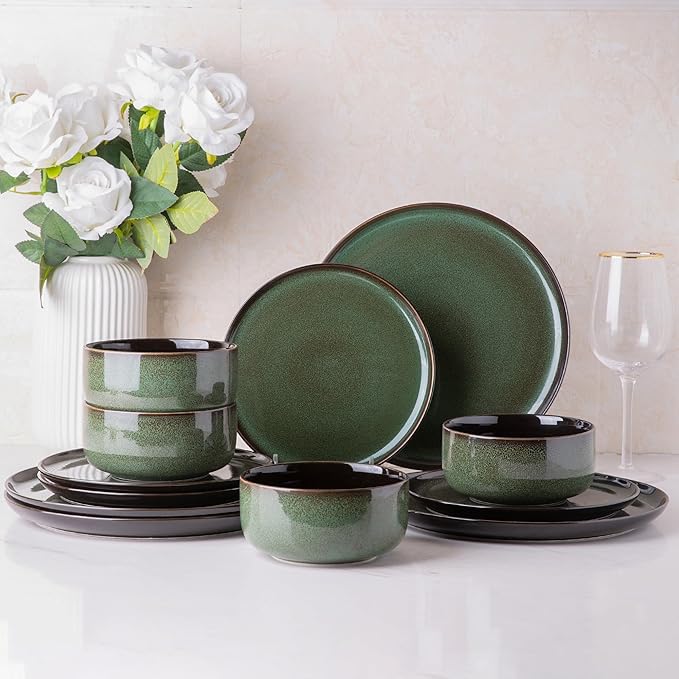 LERATIO Ceramic Dinnerware Set for 4, Poreclain Plates, Bowls, Handmade Reactive Glaze Dishes, Chip Resistant, Oven & Dishwasher Safe, Service for 4