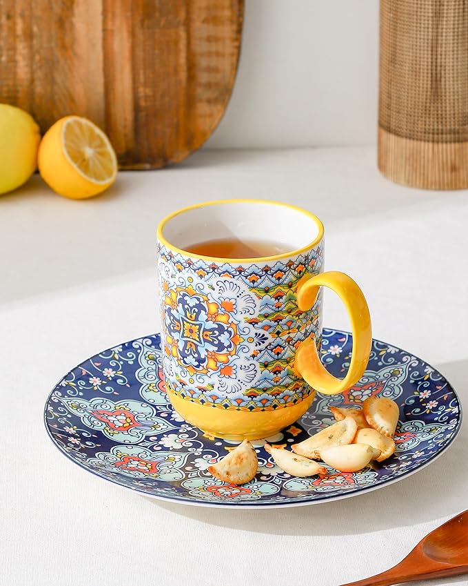 HENXFEN LEAD Boho Ceramic Coffee Mugs Set of 6 – 14 oz Porcelain Cups for Latte, Cappuccino, Tea & Cocoa – Microwave & Dishwasher Safe